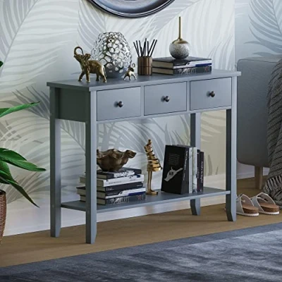 Image of Vida Designs Windsor Console Table With Undershelf, Living Room,Hall Way Furniture (3 Drawer, Grey)