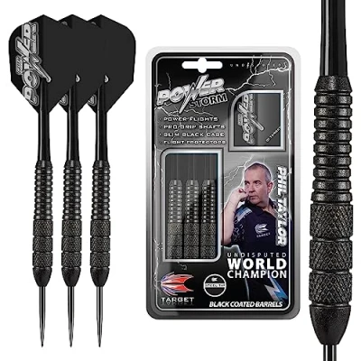 Image of TARGET Darts Phil Taylor Power Storm Black, 24G Brass Steel Tip Set Player Edition with Storage Case, Beginner Dart Sets, Kit