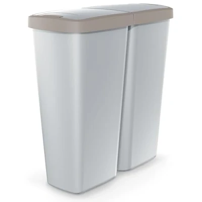 Image of Monzana® Dual Kitchen Rubbish Bin 50L, 2x 25L Compartments Push Button Open Lid Perfect for Rubbish, Recycling, Plastic, Organic Waste, Storing Dog Food 2 Separate Lids Grey &amp; Taupe