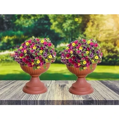 Image of 2 x Terracotta Grecian Urn Patio Planter Plastic Garden Plant Pot Flower Bowl 42cm