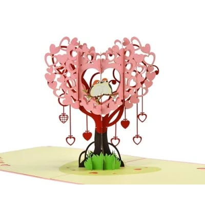 Image of Love Birds in Heart Tree Pop Up 3D Card. Romantic valentines and anniversary greeting card for Her,Girlfriend,Wife,Him, Boyfriend,Husband. 15cmx15cm