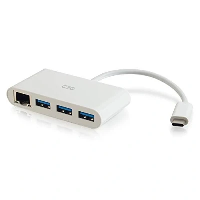 Image of C2G USB C / Thunderbolt 3 to RJ45 Gigabit Ethernet and x A 3.0 Laptop Adapter Hub, Suitable for MacBook Pro, iMac, Google Chromebook, Pixel, Dell Latitude, XPS 12/13/14 More. (White)