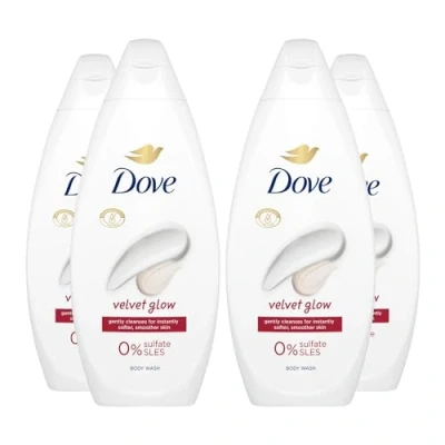Image of Dove Body Wash 0% Sulfate SLES for Women Made with Naturally Derived Cleansers and Plant Based Moisturiseres Gently Cleanses Softer Smoother Skin, 225ml (4 Pack, Velvet Glow)