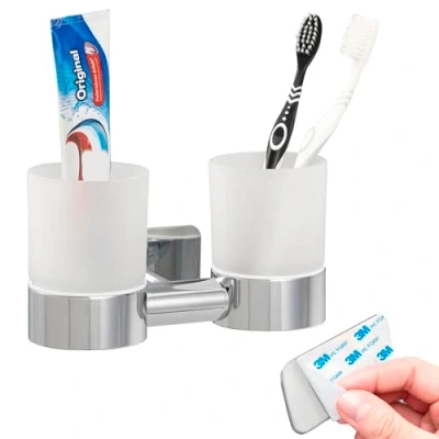 Image of bremermann Bathroom Series Lucente Tape Double Glass Cup Holder Self Adhesive &amp; Stainless Steel High Gloss No Drilling 3M Attachment Toothbrush