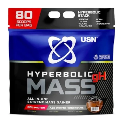 Image of USN Hyperbolic Mass Dutch Chocolate 6kg: High Calorie Gainer Protein Powder for Muscle Building and Weight Gain Improved Formula &amp; Flavour with 7.5g Creatine Monohydrate Less Sugar