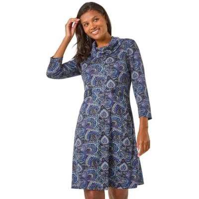 Image of Roman Originals Cowl Neck Dress for Women UK Ladies Button Detail Shift Work Office Autumn Winter Knee Length Casual 3/4 Full Sleeve Round High Warm Neckline Purple Size 20