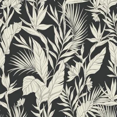Image of Grandeco Glistening Lucia Tropical Foliage Blown Vinyl Wallpaper, Black