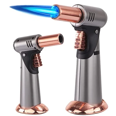 Image of Butane Torch, Premium Double Flame Big Kitchen Torch Lighters with Safety Lock Adjustable Refillable Multipurpose Culinary Blow for Creme Brulee, Baking, BBQ (Butane Gas Not Included) (Silver)
