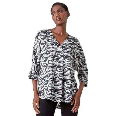 Image of Roman Originals Animal Print Button Detail Top for Women UK Ladies Everyday Autumn Winter V Neckline Comfy Soft Evening Vacation Work Party Night Out Silver Size 10