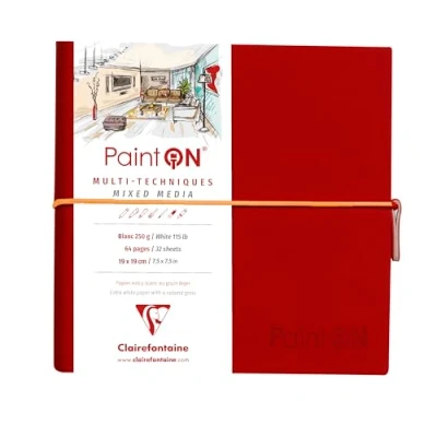 Image of Clairefontaine Ref 975435C Paint&#039;On Multi Technique Sewn Art Book (32 Sheets) 19 x 19cm, 250gsm Heavyweight Paper, Acid Free Black Pages / Red Cover