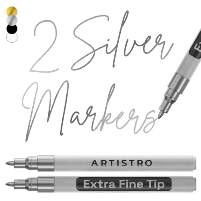 Image of ARTISTRO 2 Silver Acrylic Paint Pens for Rock Ceramic Wood Glass Metal Fabric Plastic 0.7mm Metallic Markers Ideal Scrapbooking DIY Crafts Art Projects