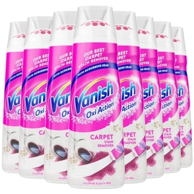 Image of Vanish NEW Oxi Action Carpet Stain Remover, 195ml, Gold Serum with Scrubbing Head, Targeted on Tough Stains, Chlorine Bleach Free Formula, Safe to Use Carpets &amp; Upholstery (8 x 195ml)