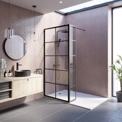 Image of BAYSTONE® 900mm Wet Room Shower Screen Panel Grid 8mm Toughened Safety Glass Walk in Enclosure + Fixed Return Panel, Matt Black
