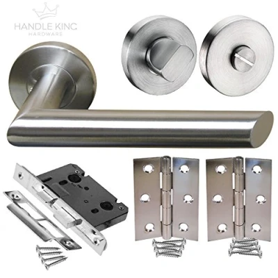Image of Bathroom Door Handle Packs with Brushed Steel Mitred Designer Handles, Lock, Turn and Hinges H730014S HB1