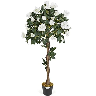 Image of CHRISTOW Artificial Rose Tree Cream Flowers Twisted Wooden Trunk Potted Indoor Outdoor 4ft