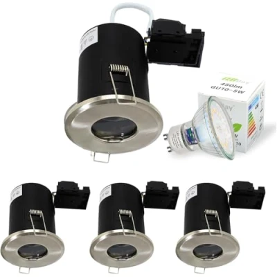 Image of HiBay Dimmable Fire Rated GU10 Downlights IP65 LED Recessed Ceiling Lights Brushed Chrome Spotlight Fittings 240V for Bathroom Kitchen Soffits,Incl. 5W Warm White Bulbs
