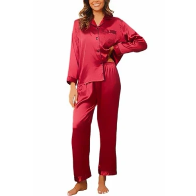 Image of Reliwel Women&#039;s Pyjama Set Silk Satin Long Sleeve Button Down Ladies Pyjamas two Piece Pjs for Women Sets Sleepwear Loungewear Nightwear Fall Winter S XXL Red