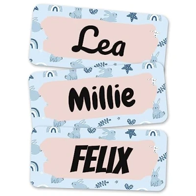 Image of melu kids® Name Labels for Clothes &amp; Items (50 Pieces) Personalised and Washable Kids Stickers, Stick on Tags (Rabbits)