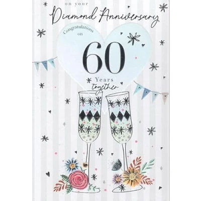 Image of 60th Milestone Diamond Anniversary Card 60 Years Floral Champagne Glasses Embossed with Foil Details by ICG