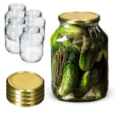 Image of KADAX Glass Jars 2.5 L, Round Preserve Storage with Wide Mouth, Large Preserving for Fermenting, Pickling Cucumbers (Set of 4, Gold Lids)