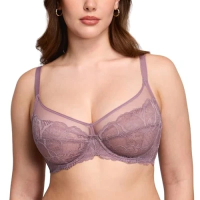 Image of DOBREVA Women&#039;s Lace Full Coverage Minimiser Bra Unlined Underwire See Through Plus Size Rose Brown 36B
