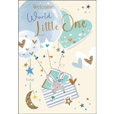 Image of Jonny Javelin New Baby Birth Congratulations Card Welcome to the World Bunny Rabbit and Balloons Special Finishes Illustrated Insert Leaf Made in UK, 197 x 133mm