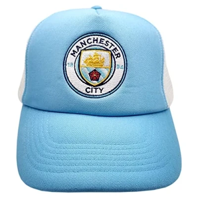 Image of Man City Trucker Snapback Baseball Cap Sky Blue White