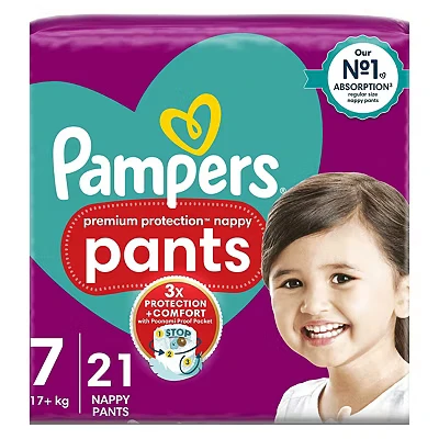 Image of Pampers Premium Protection Nappy Pants Size 7, 21 Nappies, 17kg+, Essential Pack