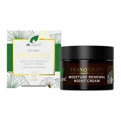 Image of Dr Organic Evoke Tranquility Moisture Renewal Night Cream, Rich Moisturiser for Soft, Smooth Skin, with Rosehip &amp; Sandalwood, Certified Organic, 50ml