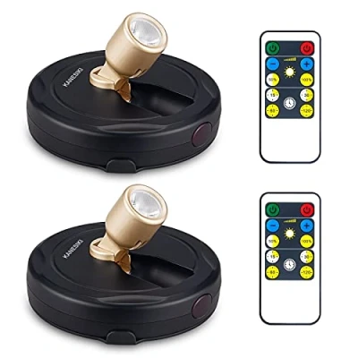 Image of KANESIKI Battery Operated Spotlight, Wireless Picture Lights, LED Puck Light, Dimmable Accent Light with Remote, Stick on Lighting for Dartboard Painting Artwork Closet Portrait, 2 Pack