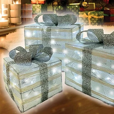 Image of NIGMA Set of 3 LED Battery Powered Light Up Glitter Sparkle Xmas Parcels Present Boxes (Sliver Box + Sliver Ribbon)