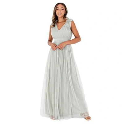 Image of Maya Deluxe Women&#039;s Ladies Maxi Dress with Ruffle V Neck Sleeveless High Empire Waist Long for Prom Guest Wedding Bridesmaid, Green Lily, 10