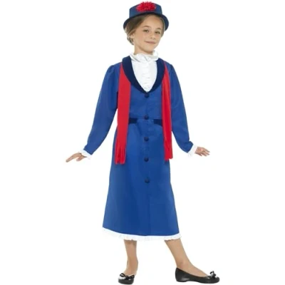 Image of Smiffys Victorian Nanny Costume, Blue with Dress, Hat &amp; Scarf, Girls Fancy Child Dress Up Costumes