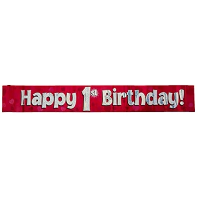 Image of 9ft Banner Happy 1st Birthday Pink holographic