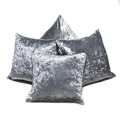 Image of Red Rainbow Set of 4 Grey Silver Plain Crushed Velvet 18 inch Piped Edge Cushion Covers