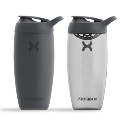 Image of Promixx PURSUIT Protein Shaker Bottle 2 Pack Premium Sports Bottles for Mixes and Supplement Shakes 1 Stainless Steel 550ml, Ecozen 700ml Graphite Gray