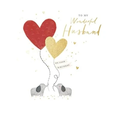 Image of Paperlink Wonderful Husband Birthday Card Elephants and Heart Balloons with a Foil Finish Eco Friendly Recyclable, 185 x 158 mm, Red, Gold, White