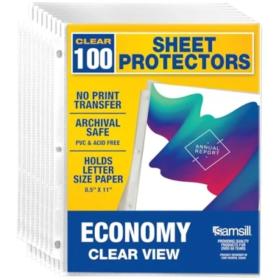 Image of Samsill 100 Non Glare Standard Weight Sheet Protectors, Reinforced 3 Hole Design Plastic Page Archival Safe, Top Load for 8.5 x 11 Inch Sheets, Box of