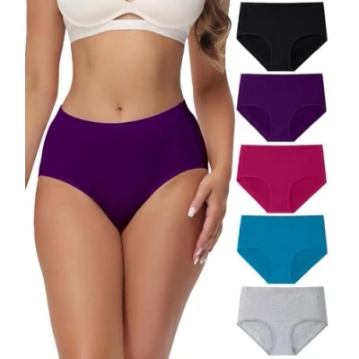 Image of wirarpa Underwear Women Mid High Waist Knickers Comfortable Ladies Cotton Pants Full Briefs 5 Pack Black Purple Red Teal Grey Size Small