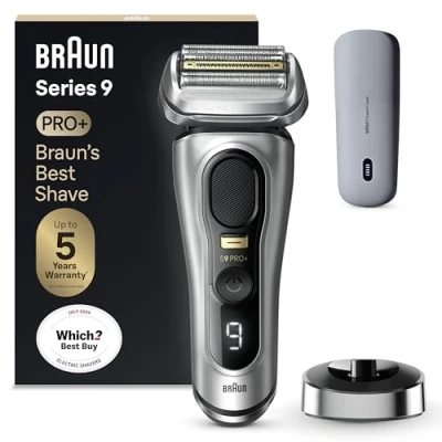 Image of Braun Beard Shaver Series 9 PRO+ Electric for Men Rechargeable, 5 Pro Shave Elements &amp; Precision Long Hair ProTrimmer, PowerCase, 9527s, Silver