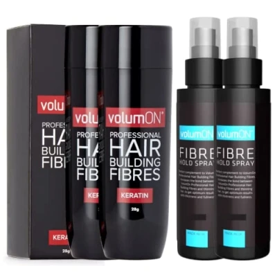 Image of Hair Fibres x2 VOLUMON Keratin Building For Thinning Instantly Conceals Areas Fuller Thicker Men &amp; Women 28g + Fibre Hold Spray (Blonde)
