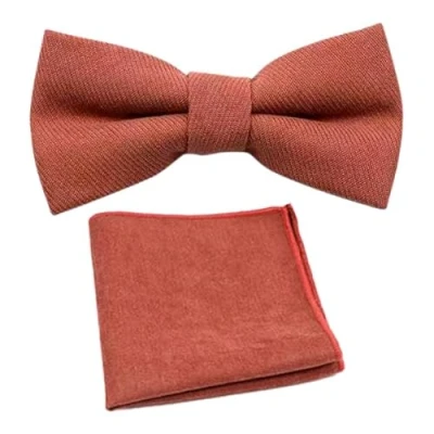 Image of Men&#039;s Luxury Cotton Blend Bow Tie &amp; Pocket Square Set (Terracotta)