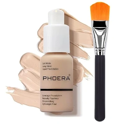 Image of Glamza PHOERA Foundation Concealer Makeup Full Coverage Matte Brighten Long Lasting UK + Professional Flat Face Brush (102 NUDE)