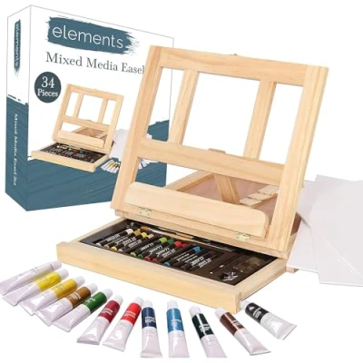 Image of Elements Mixed Media Art Set Complete 34 Pcs Desktop Easel Painting Kit with Wood Desk Top Box, Acrylic Paints, Desktop, 3 Canvas Boards, Oil Pastels, Gift for Beginner Artists, Kids, Adults