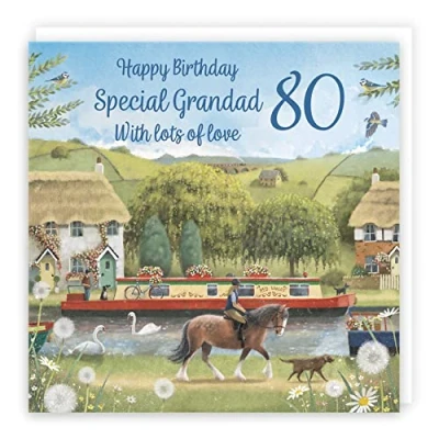 Image of Hunts England 80th Grandad Canal Narrowboat Birthday Card Horse Riding Countryside Age 80 For Milo&#039;s Gallery Eighty