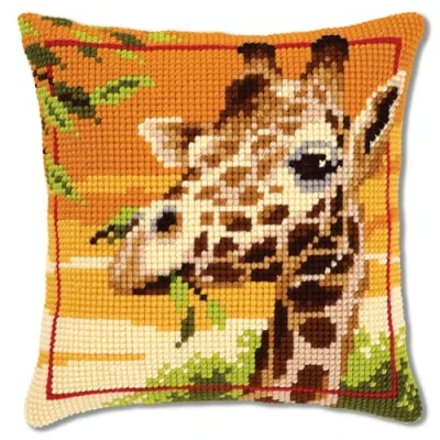 Image of Vervaco Giraffe Cross Stitch Cushion, Multi Colour, Fabric, 16 x 16, PN 0145345