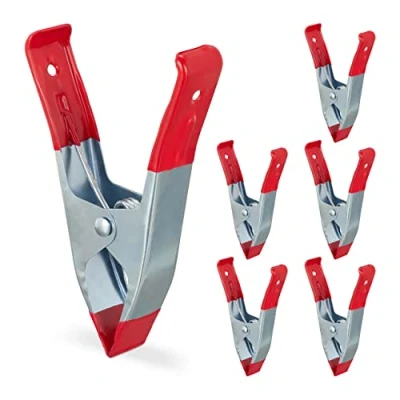 Image of Relaxdays Clamps in a Set of 6, Glue for Handicraft, Model Making Clamps, Spring Metal, 50mm, Red