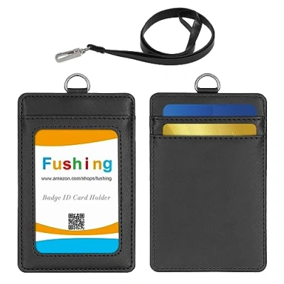 Image of Fushing Vertical Genuine Leather ID Card Name Tag Badge Holder Protector with Neck Strap Lanyard for Business School Event (Black)