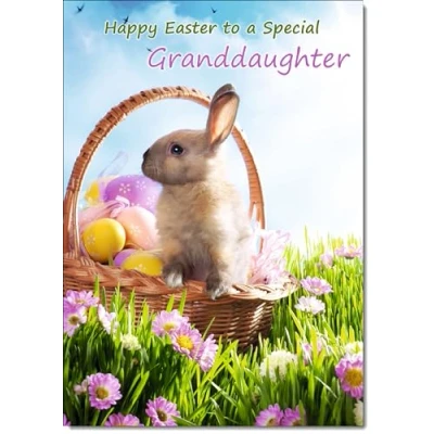 Image of doodlecards Granddaughter Easter Card Bunny and Eggs in Basket Medium Size with Plain Envelope
