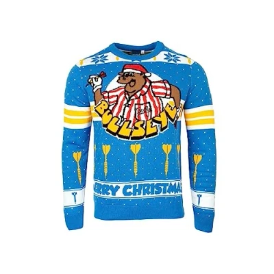 Image of Sporting Profiles Bullseye TV Show Darts Official Christmas Blue KNITTED Jumper Bully (M)